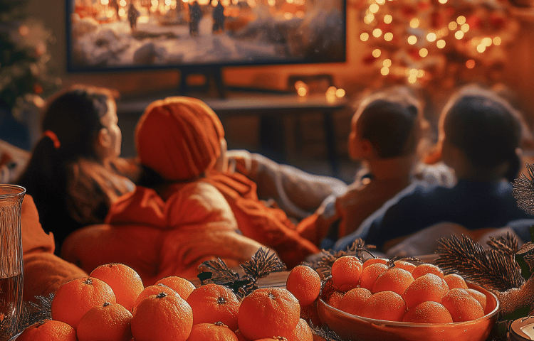 company watches TV next to tangerines